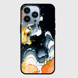 Чехол iPhone 13 Pro Белые и персиковые разводы на черном фоне