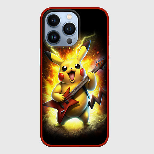 Чехол iPhone 13 Pro Пикачу рок звезда с электрогитарой / 3D-Красный – фото 1