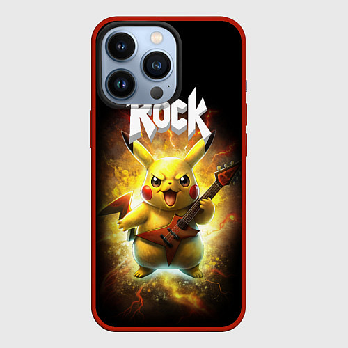 Чехол iPhone 13 Pro Пикачу рокер с электрогитарой / 3D-Красный – фото 1