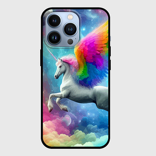 Чехол iPhone 13 Pro Космический крылатый единорог - нейросеть / 3D-Черный – фото 1