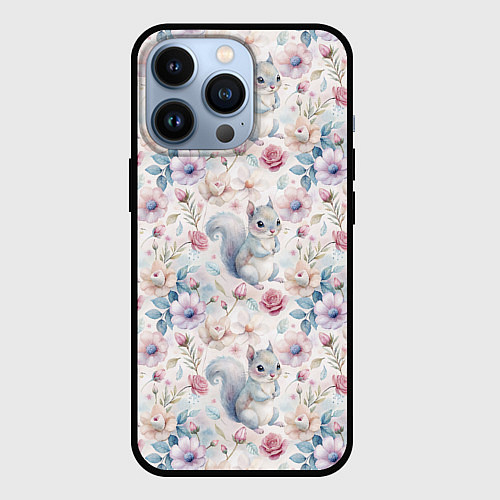 Чехол iPhone 13 Pro Бельчонок в цветах / 3D-Черный – фото 1