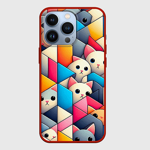 Чехол iPhone 13 Pro Geometric pattern with kittens - ai art / 3D-Красный – фото 1