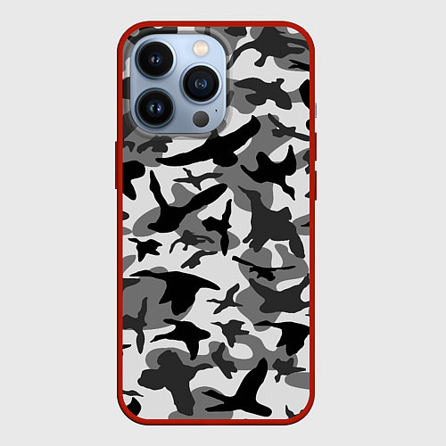 Чехол iPhone 13 Pro Камуфляж птицы чёрный / 3D-Красный – фото 1