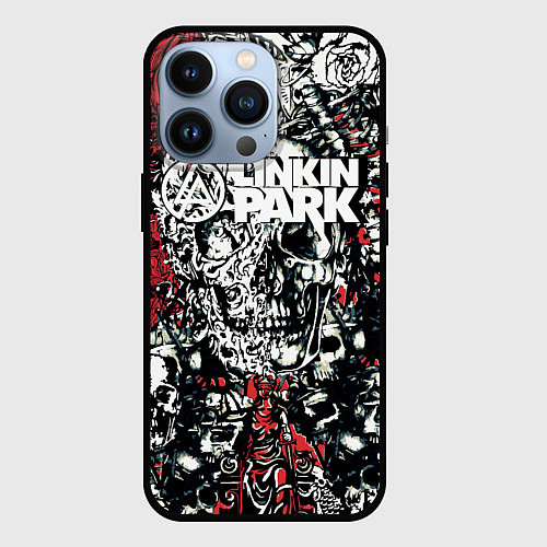 Чехол iPhone 13 Pro Linkin Park на фоне татуировки черепов и скелетов / 3D-Черный – фото 1