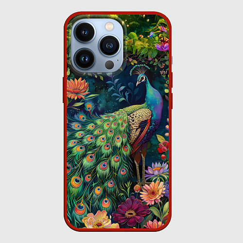 Чехол iPhone 13 Pro Павлин в саду / 3D-Красный – фото 1