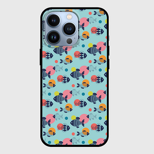 Чехол iPhone 13 Pro Рыбы с геометрическим узором и кругами / 3D-Черный – фото 1