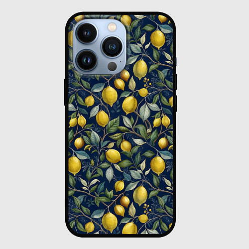 Чехол iPhone 13 Pro Лимоны на ветках паттерн / 3D-Черный – фото 1