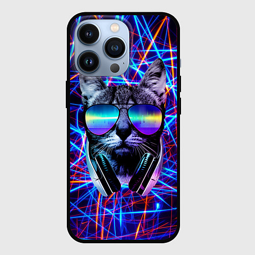 Чехол iPhone 13 Pro Cat DJ neon / 3D-Черный – фото 1