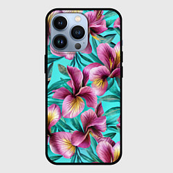 Чехол для iPhone 13 Pro Розовые ирисы лианы паттерн, цвет: 3D-черный