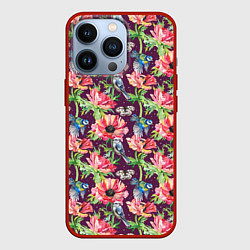 Чехол для iPhone 13 Pro Птицы и цветы, цвет: 3D-красный