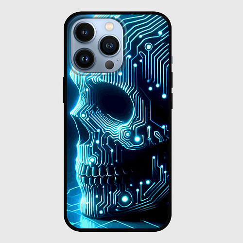 Чехол iPhone 13 Pro Cyber neon skull - ai art с дорожками на плате / 3D-Черный – фото 1
