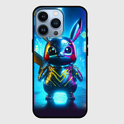 Чехол iPhone 13 Pro Neon cyber Pikachu made of metal steel - ai art