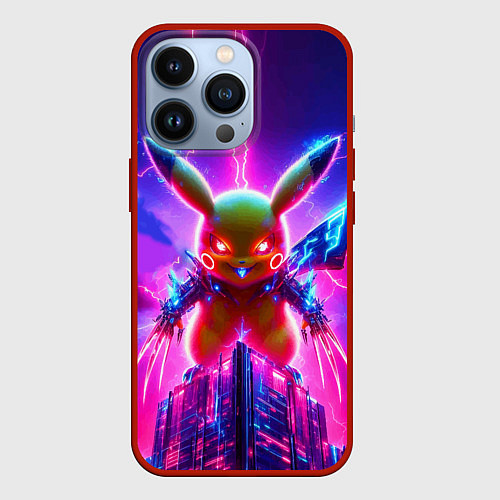 Чехол iPhone 13 Pro Neon horror - cyber Pikachu / 3D-Красный – фото 1