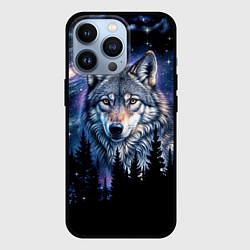 Чехол iPhone 13 Pro Волк и черный лес - звездная ночь - галактика
