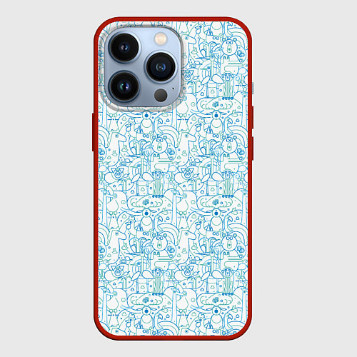 Чехол iPhone 13 Pro Дудл - паттерн звери рисованные лайнарт / 3D-Красный – фото 1