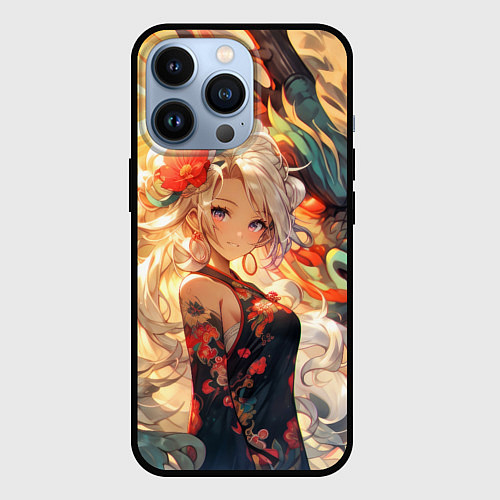 Чехол iPhone 13 Pro Девушка аниме с драконом / 3D-Черный – фото 1