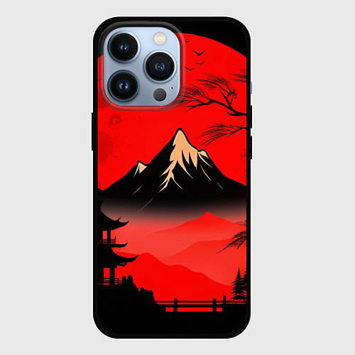 Чехол iPhone 13 Pro Красный закат и горы / 3D-Черный – фото 1