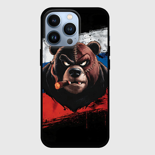 Чехол iPhone 13 Pro Медведь на фоне российского флага / 3D-Черный – фото 1