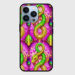 Чехол для iPhone 13 Pro Желто-зеленые змеи паттерн, цвет: 3D-черный