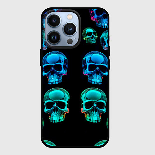 Чехол iPhone 13 Pro Neon skulls - ai art pattern / 3D-Черный – фото 1