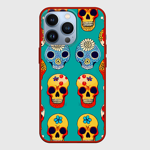 Чехол iPhone 13 Pro Летний паттерн из цветных мексиканских черепков - / 3D-Красный – фото 1
