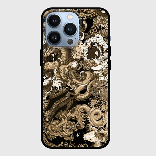 Чехол iPhone 13 Pro Японские драконы с самураем в бежевом цвете / 3D-Черный – фото 1