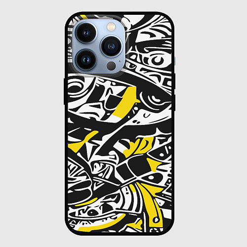 Чехол iPhone 13 Pro Черно-желтый орнамент / 3D-Черный – фото 1