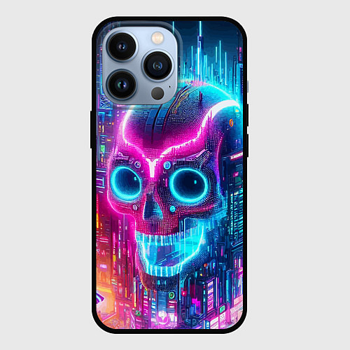 Чехол iPhone 13 Pro Neon skull in metropolis - future / 3D-Черный – фото 1