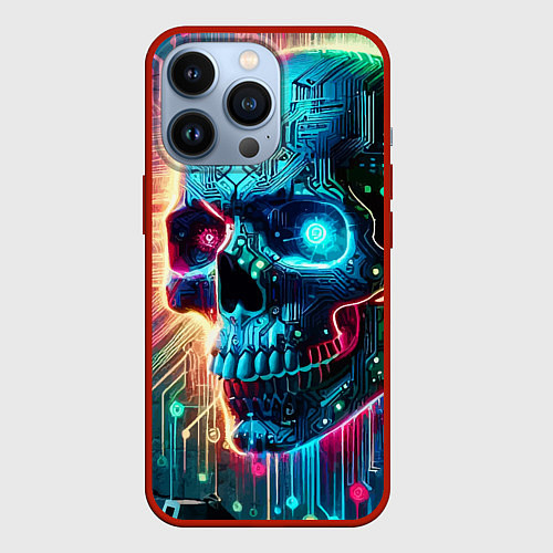 Чехол iPhone 13 Pro Cool cyber skull - neon glow / 3D-Красный – фото 1