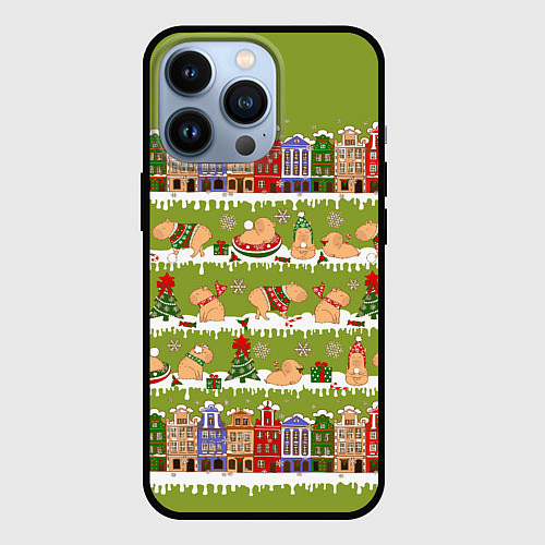 Чехол iPhone 13 Pro Много капибар семьей на Новый год и Рождество / 3D-Черный – фото 1