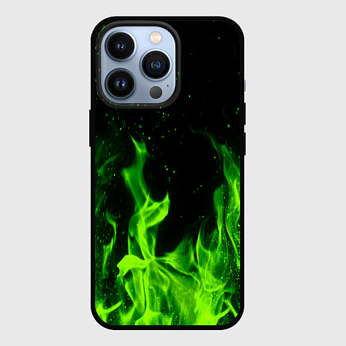 Чехол iPhone 13 Pro Огонь зелёный текстура / 3D-Черный – фото 1