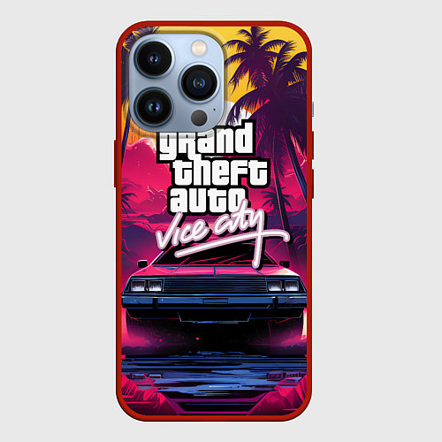 Чехол iPhone 13 Pro Grand Theft Auto VI - автомобиль на закате / 3D-Красный – фото 1