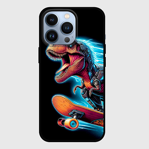 Чехол iPhone 13 Pro Cool Dino on a skateboard - neon glow fantasy / 3D-Черный – фото 1