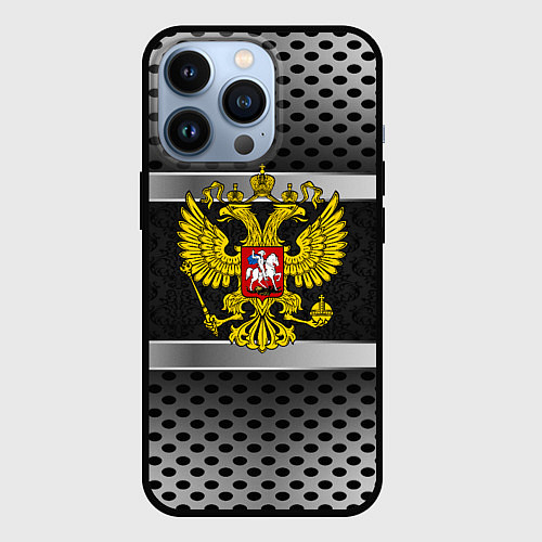 Чехол iPhone 13 Pro Герб РФ текстура карбон / 3D-Черный – фото 1