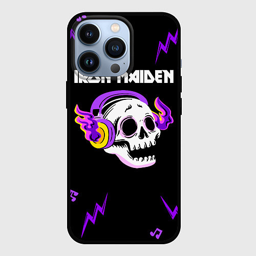 Чехол iPhone 13 Pro Iron Maiden неоновый череп / 3D-Черный – фото 1