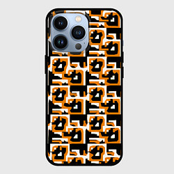 Чехол iPhone 13 Pro Бело-оранжевые фигуры на чёрном фоне