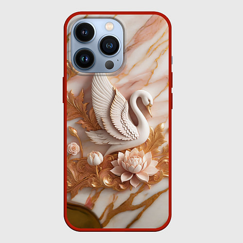 Чехол iPhone 13 Pro Фарфоровый лебедь и лотос на розовом мраморе / 3D-Красный – фото 1