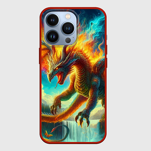 Чехол iPhone 13 Pro Огненный дракон над водопадом - нейроарт / 3D-Красный – фото 1