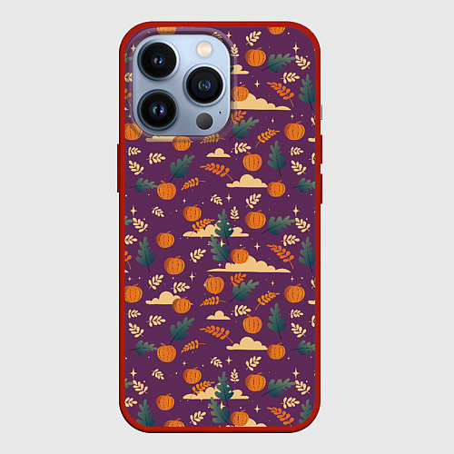 Чехол iPhone 13 Pro Маленькие тыквы на фиолетовом фоне / 3D-Красный – фото 1