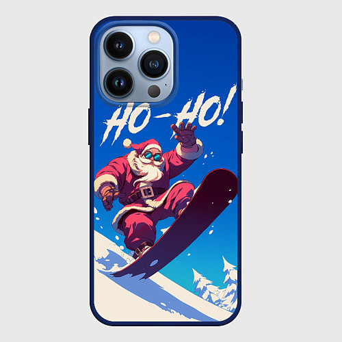 Чехол iPhone 13 Pro Дед Мороз на сноуборде / 3D-Тёмно-синий – фото 1