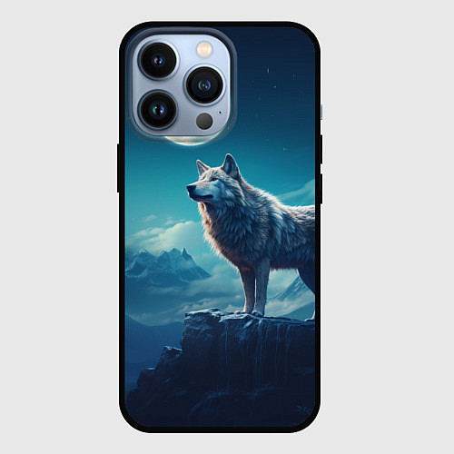 Чехол iPhone 13 Pro Волк на фоне луны / 3D-Черный – фото 1