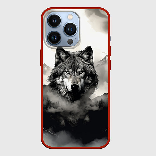 Чехол iPhone 13 Pro Голова серого волка / 3D-Красный – фото 1