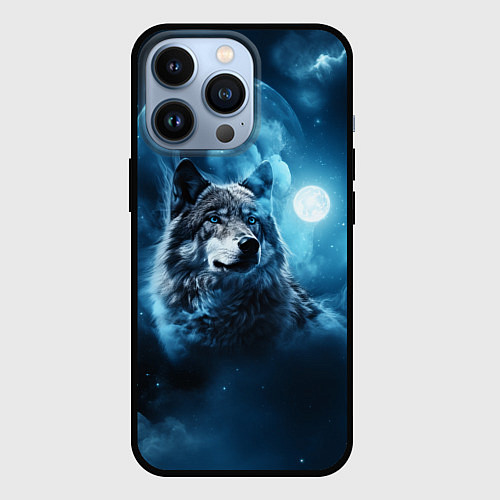 Чехол iPhone 13 Pro Волк ночное синее небо / 3D-Черный – фото 1