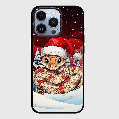 Чехол iPhone 13 Pro Новогодняя змейка и снегопад / 3D-Черный – фото 1