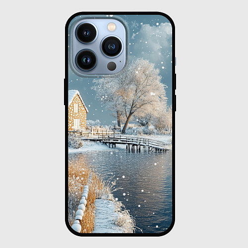 Чехол iPhone 13 Pro Зимнее озеро пейзаж / 3D-Черный – фото 1