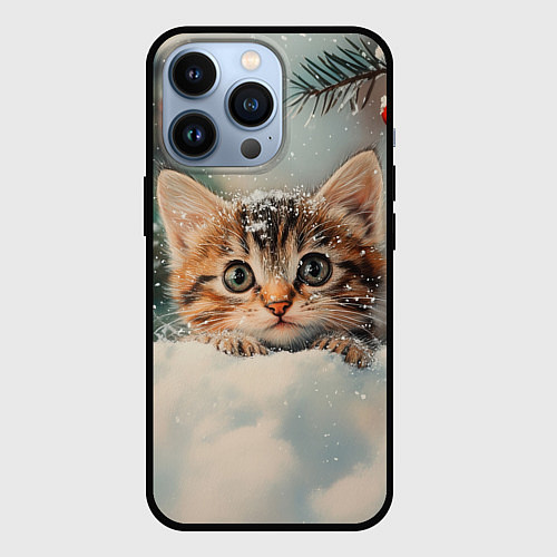 Чехол iPhone 13 Pro Маленький котенок на снегу с новогодними шариками / 3D-Черный – фото 1