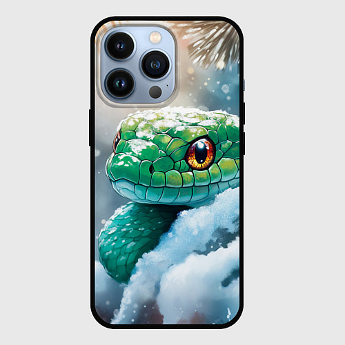 Чехол iPhone 13 Pro Зеленая змейка на заснеженной ветке / 3D-Черный – фото 1