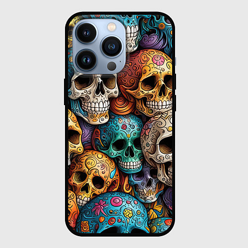 Чехол iPhone 13 Pro Разноцветные черепа, паттерн / 3D-Черный – фото 1