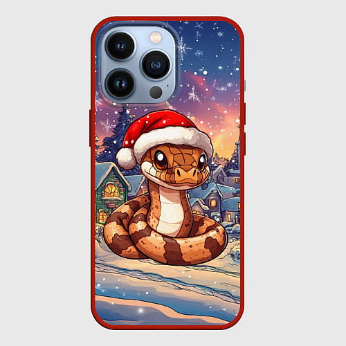 Чехол iPhone 13 Pro Новогодняя змейка в праздничном городе / 3D-Красный – фото 1