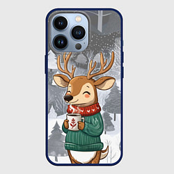 Чехол для iPhone 13 Pro Олень с кофе в лесу, цвет: 3D-тёмно-синий
